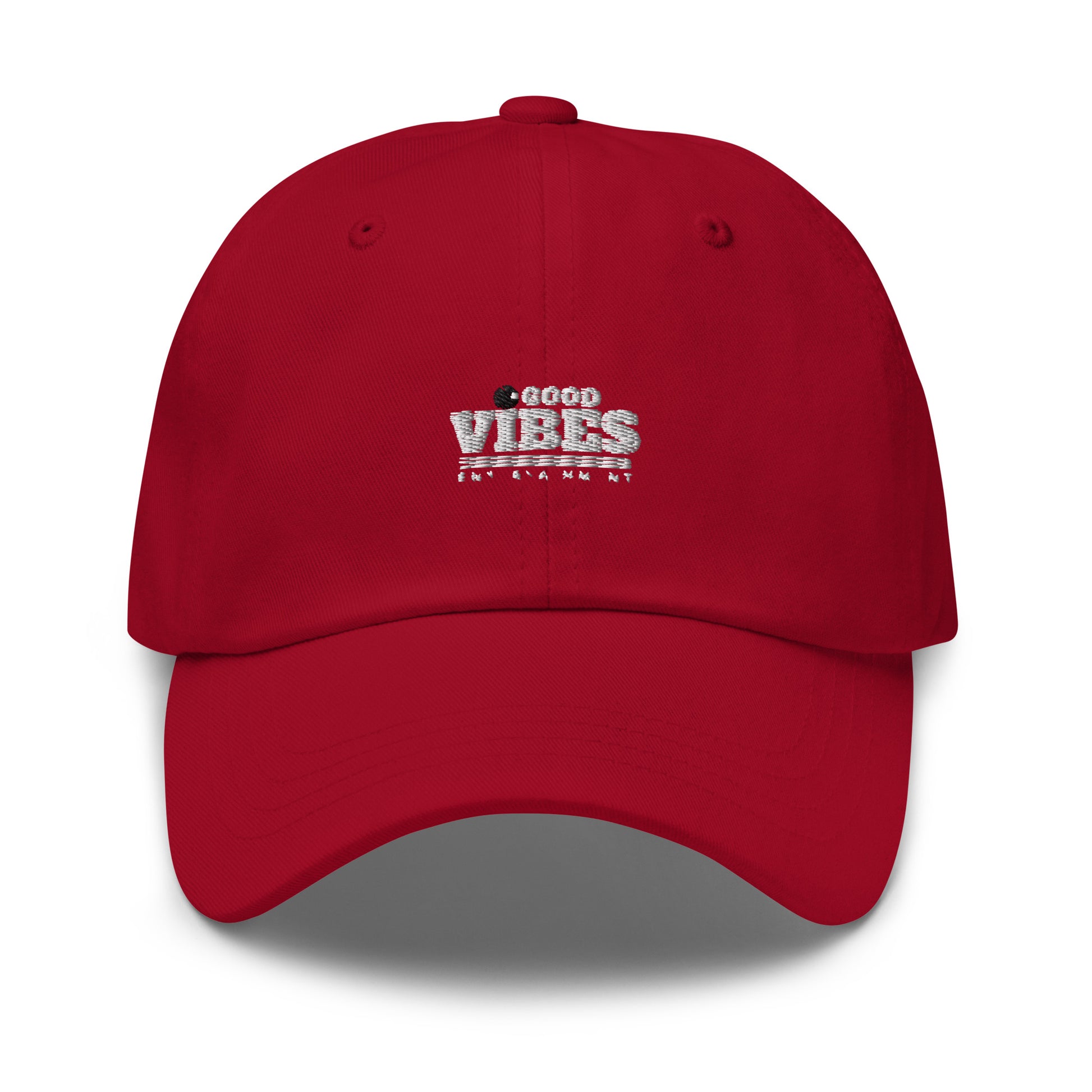 classic dad hat cap cranberry red with goodvibes entertainment logo white