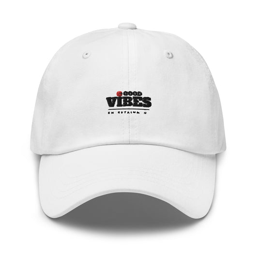 classic dad hat cap white with goodvibes entertainment logo black