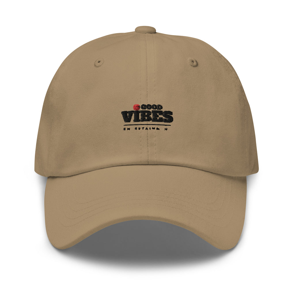 classic dad hat cap khaki with goodvibes entertainment logo black