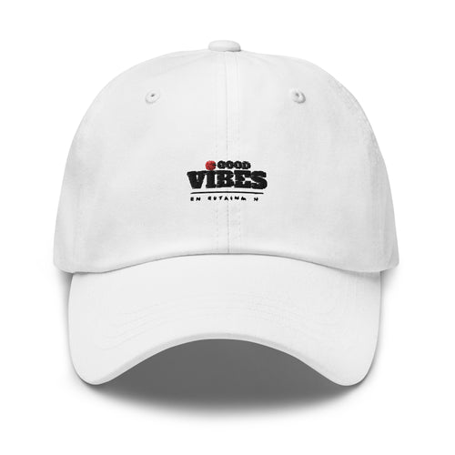 classic dad hat cap white with goodvibes entertainment logo black